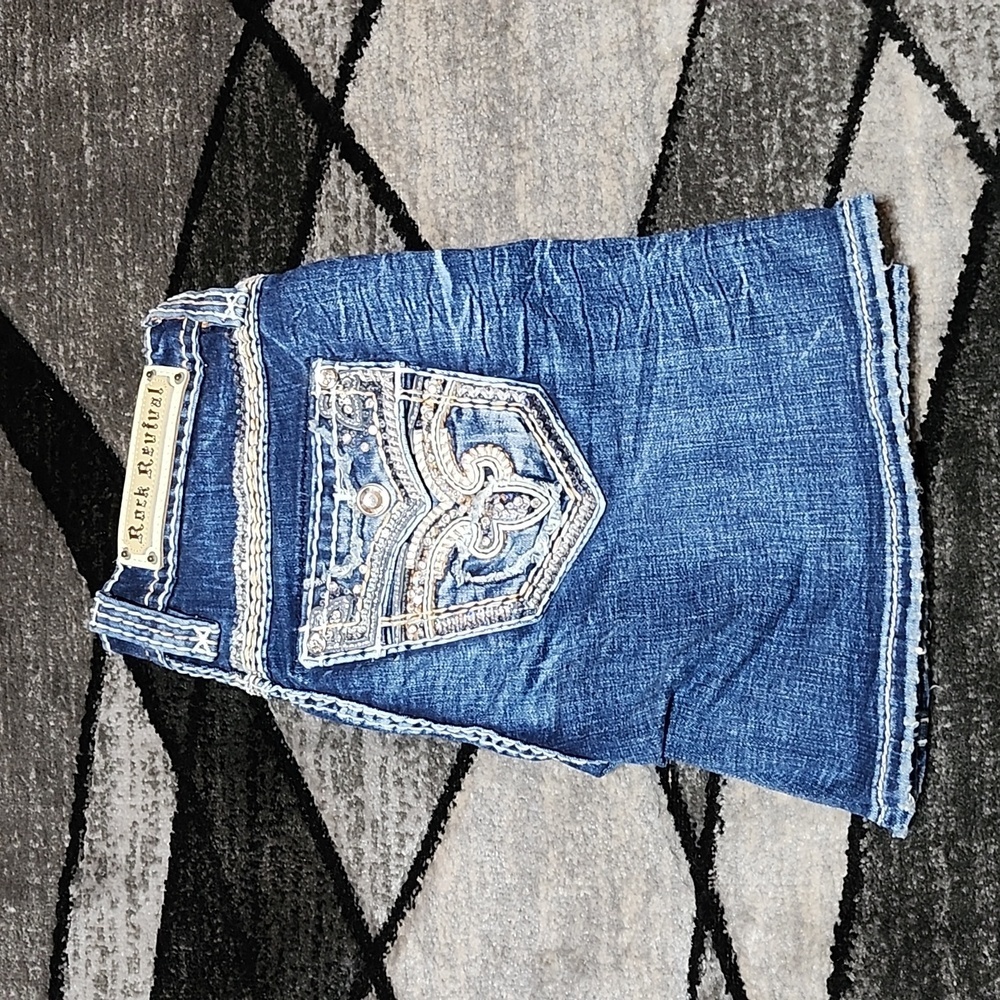 ROCK REVIVAL DELLAH EASY EMBROIDERED RHINESTONES SEQUINS FAUX-FLAP DENIM SHORTS